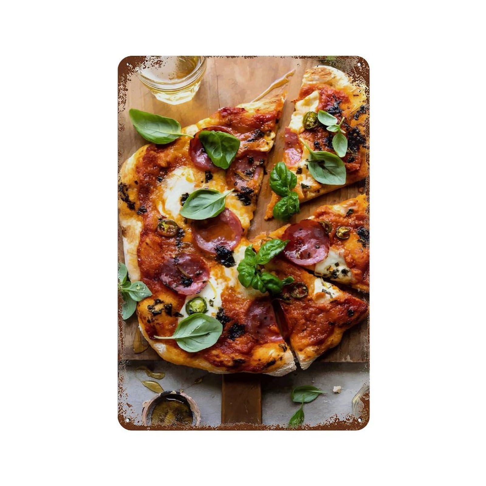 Pepperoni Pizza with Basil 11.8"x7.9" Retro Metal Sign, Vintage Wall Decor for Office, Studio And Wall Decor