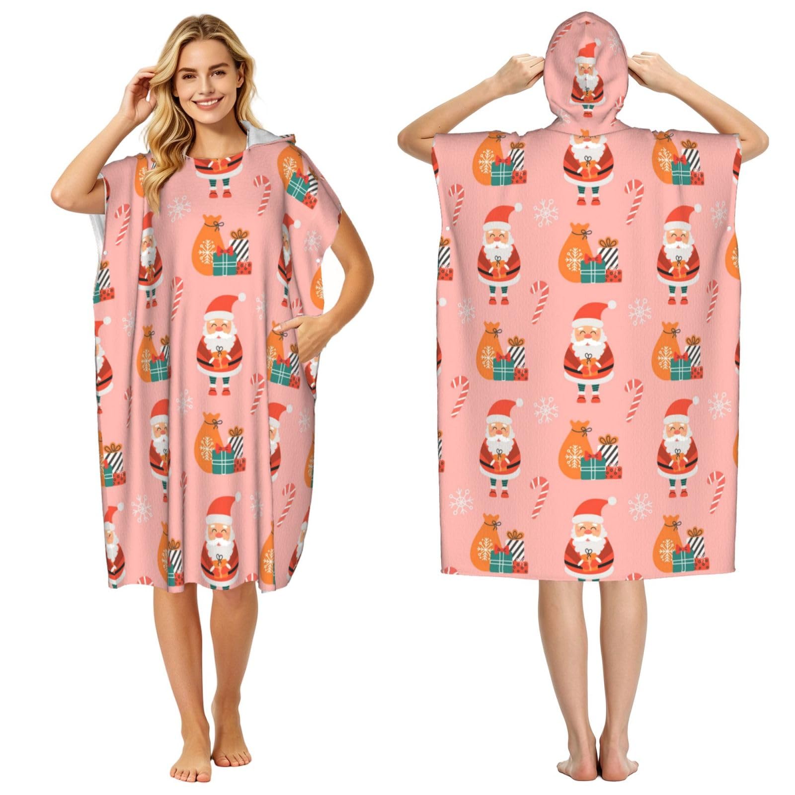 Poadnly Cute Christmas Santa And Gifts Pattern, Adult Hooded Beach Towel 90 x 110 cm,Changing Bath Robe, Surf Poncho Towel For Women Men