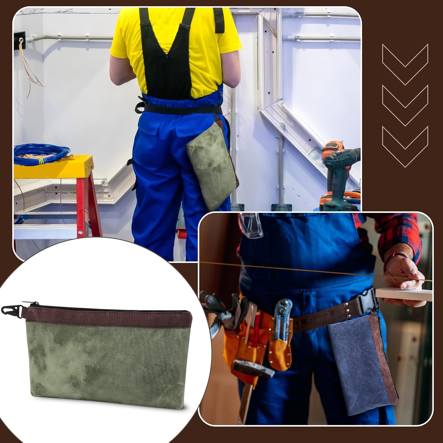 Aliceset 4 Pcs Waxed Canvas Tool Pouch 13 Inch Heavy Duty Canvas Tool Pouch with Zipper 16 oz Electrician Bag Utility Instrument Organizer for Man Electrician Gift