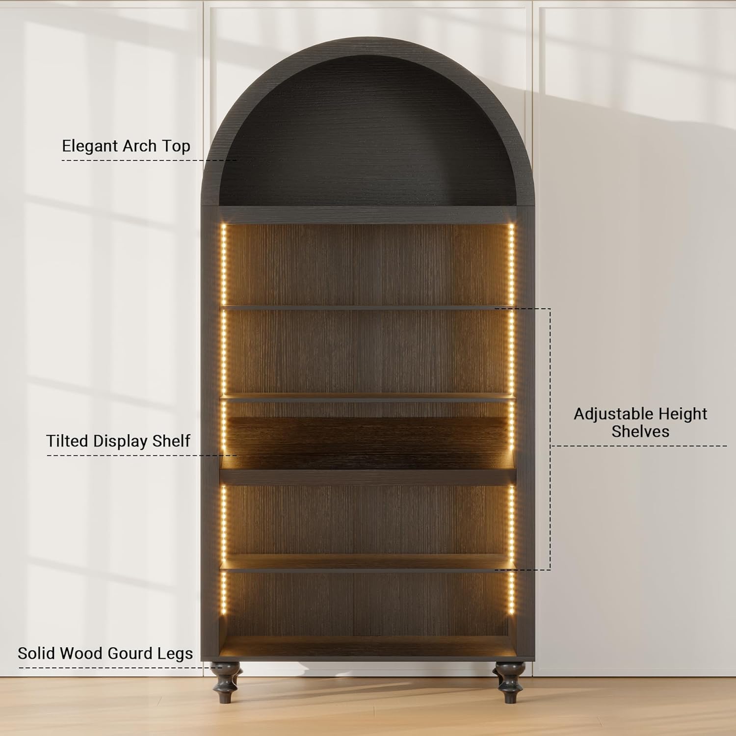 6-Tier Arched Bookshelf with LED Sensor Lights, Arch Open Bookcase 71" Tall x 35.4" Wide, Thick Wooden Display Cabinet for Collection's Books, Living Room, Office, Kitchen Pantry Display Shelf (Black)