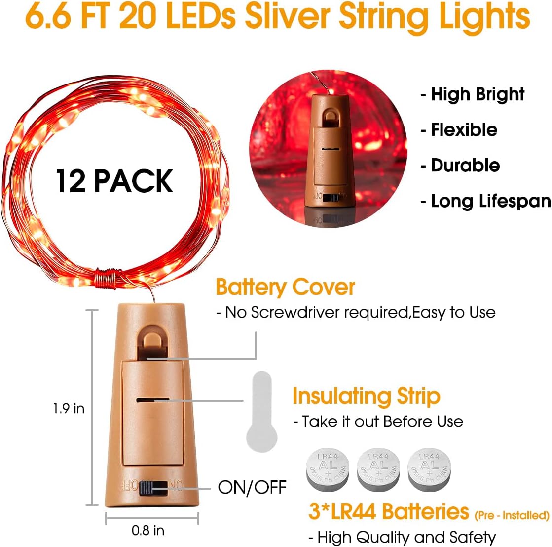 Ariceleo Wine Bottle Lights with Cork 10 Pack 20 Led 60 Pre-Installed Mini Red Copper Wire Fairy String Light Battery Operated for DIY Party Table Christmas Halloween Wedding Décor(Red)