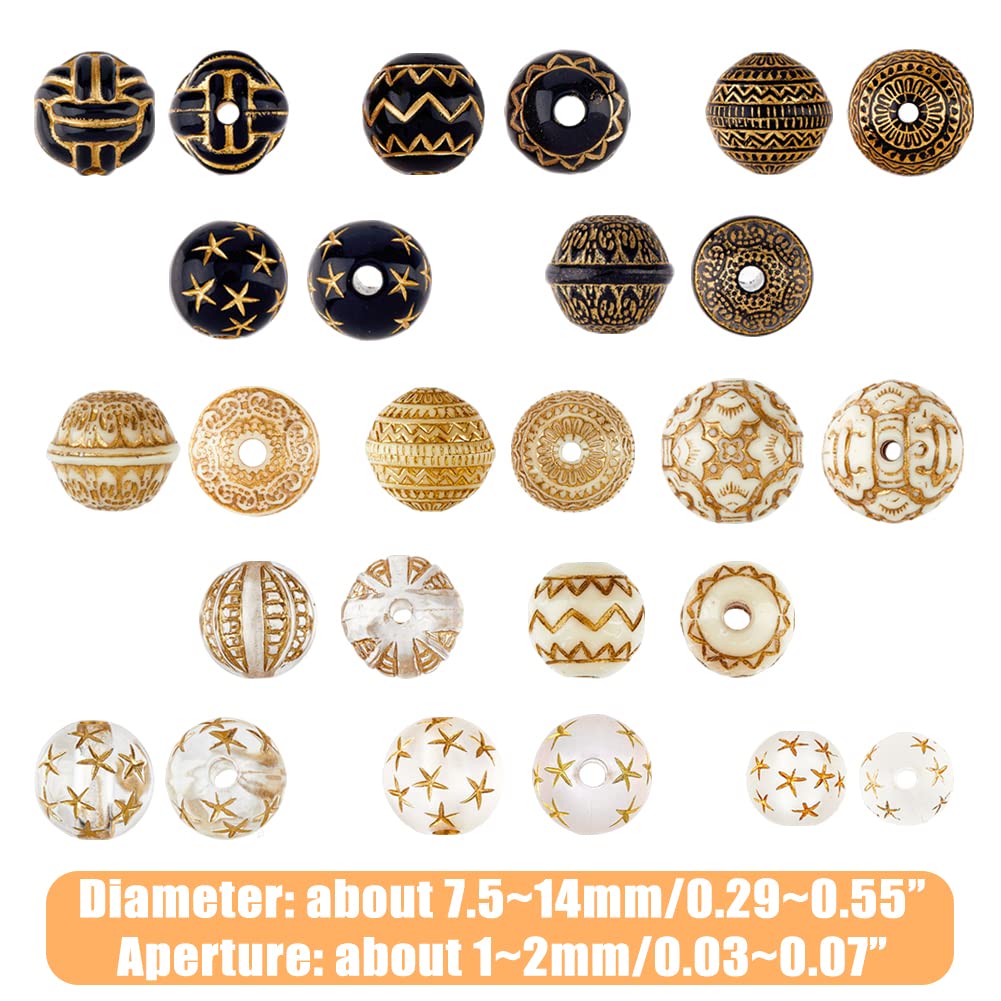 HOBBIESAY 90pcs 13 Style Vintage Placage Acrylique Perles 14mm Métal Enlacé Rond Avec Étoile Perles Lâches Doré Plaqué Perle Pour La Fabrication De Bijoux DIY Perlage Matériel, Trou: 1mm