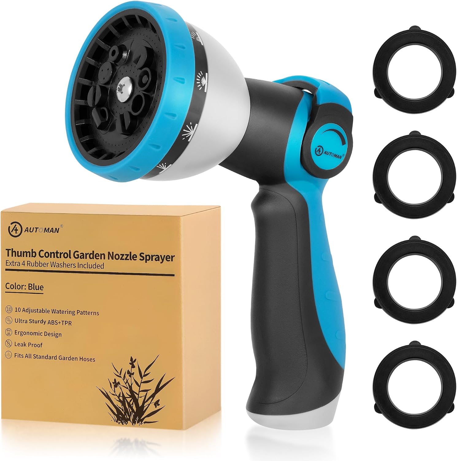 AUTOMAN Garden Hose Nozzle - 10 Adjustable Spray Patterns, Thumb Flow Control Hose Sprayer, Water Hose Spray Nozzle for Plants Watering, Car Washing, Window Cleaning, Pets Bathing, Outdoor Fun, Blue