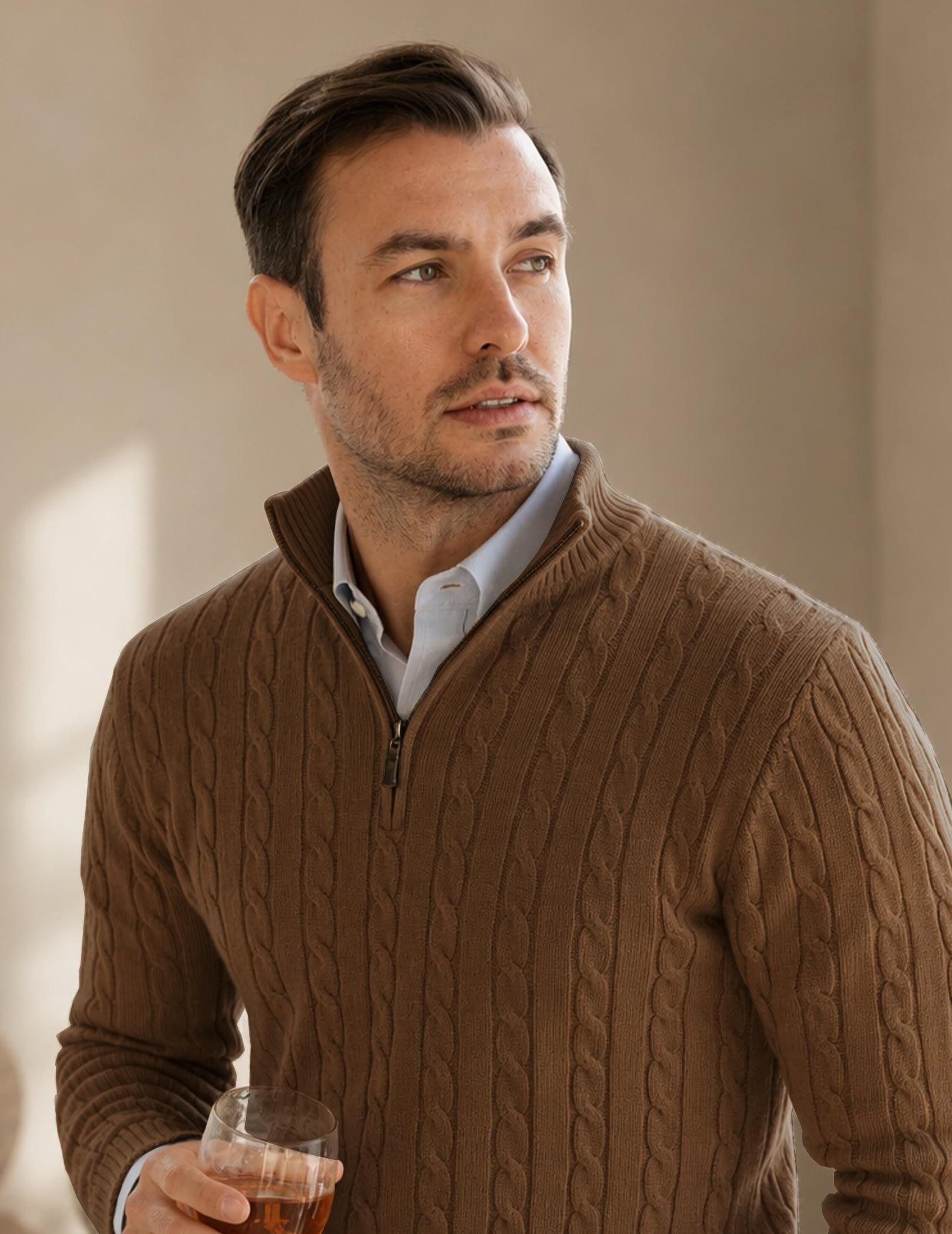 COOFANDY Maglione da uomo con zip a quarto slim fit casual lavorato a maglia dolcevita pullover a collo alto polo maglione