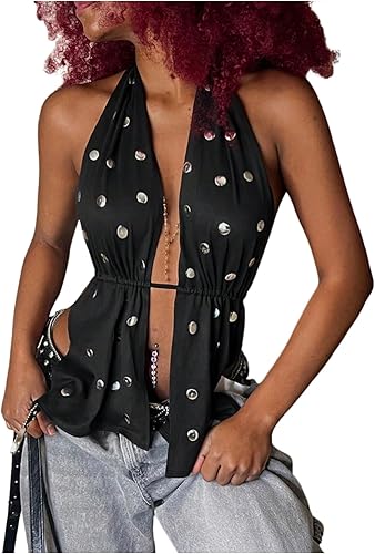 MakeMeChic Women's Rivet Studded Halter Crop Top Sleeveless Open Back Party Tank