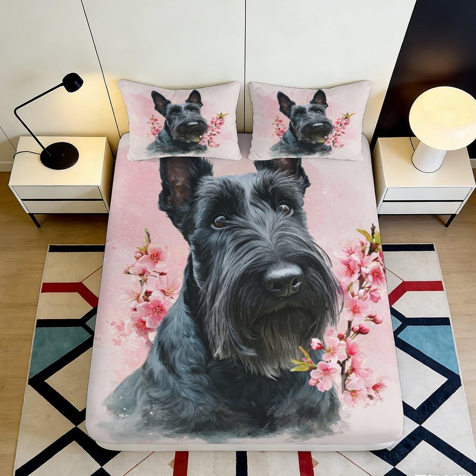 3D Printed Black Schnauzer Dog Fitted Sheet Microfiber Pink Blossom Bed Sheet Non Slip Machine Washable for Bedroom Guest Room 90x200x25cm