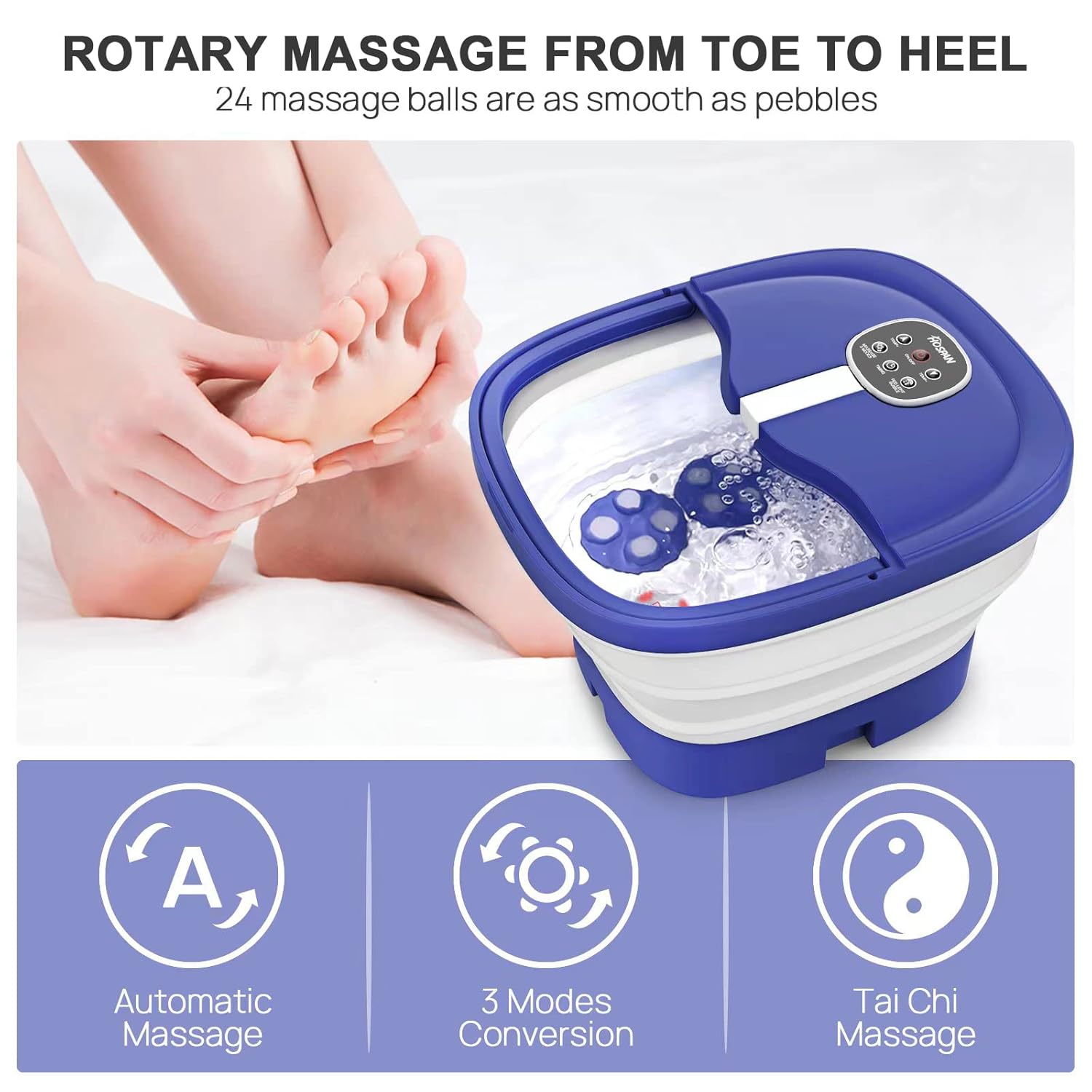 Collapsible Foot Spa Electric Rotary Massage, HOSPAN Foot Bath with Heat, Bubble, Timer, and 24 Motorized Shiatsu Massage Balls. Pedicure Foot Spa for Feet Stress Relief. Remote Control- FS02A