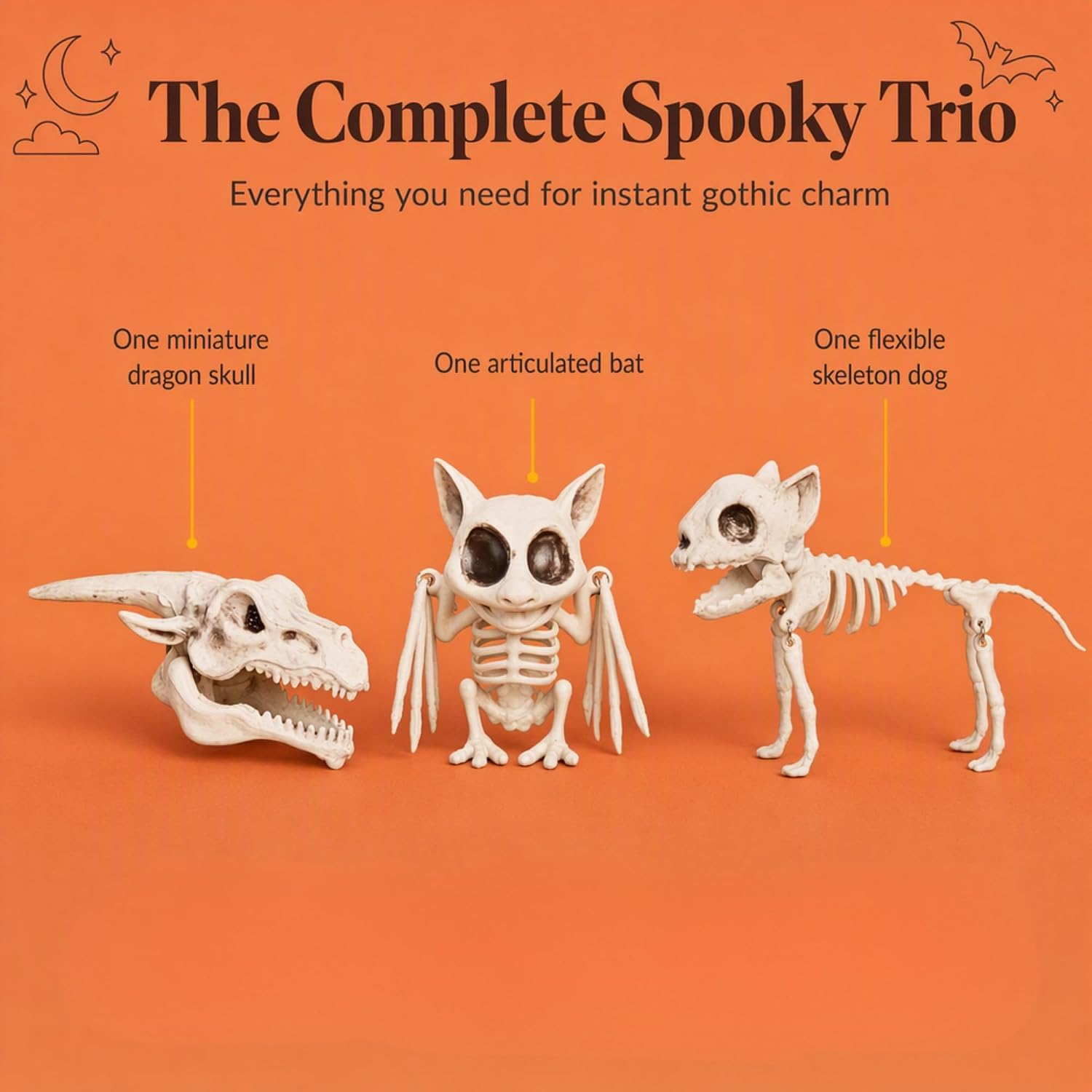 The Bridge Collection Mesh Bag of Skeleton Animals Figurines - Set of 3 Skeletons - Halloween Decor for Spooky Season - Skeleton Decor image 4