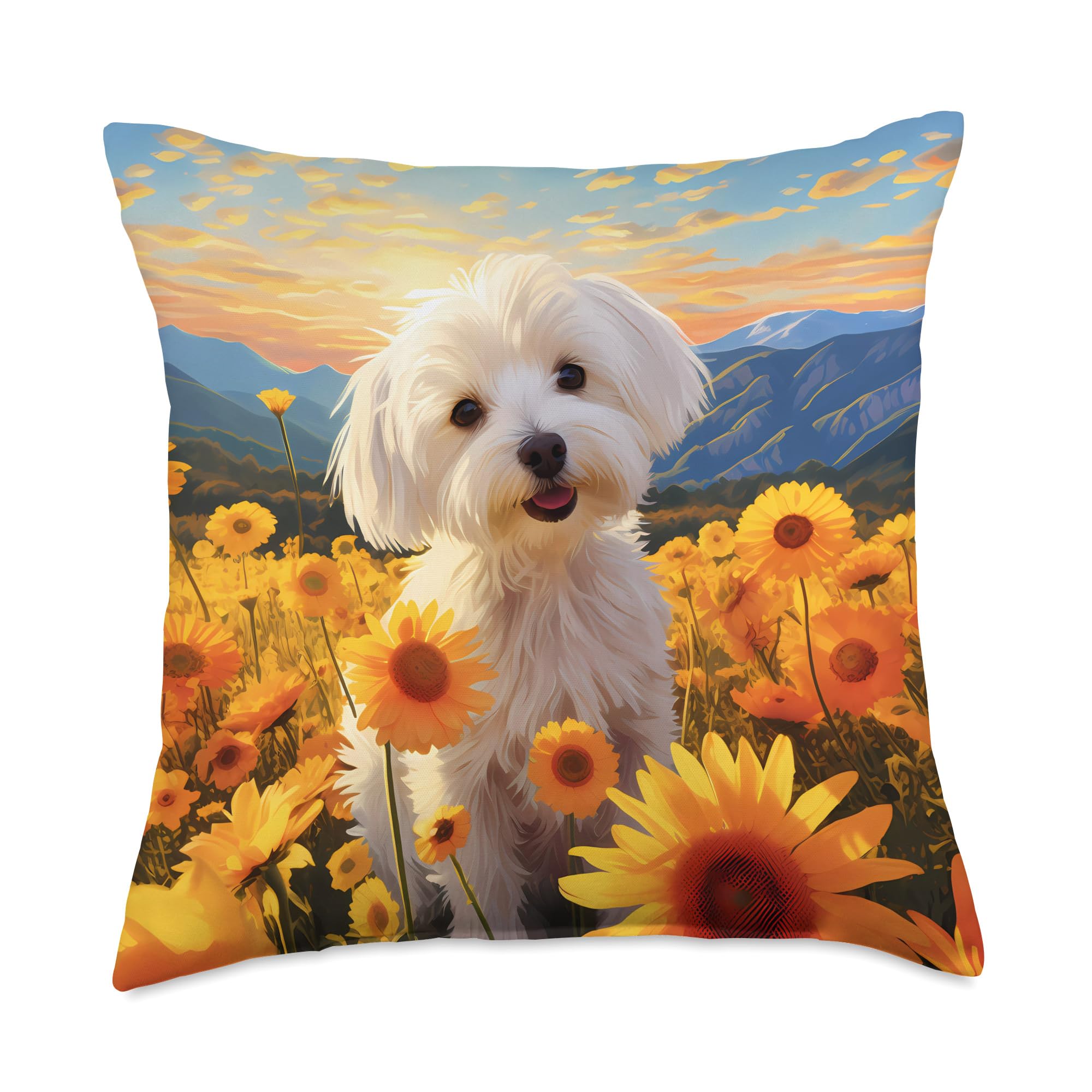 Cute Maltese Flower Meadow Mountain Sunset Puppy Dog Throw Pillow