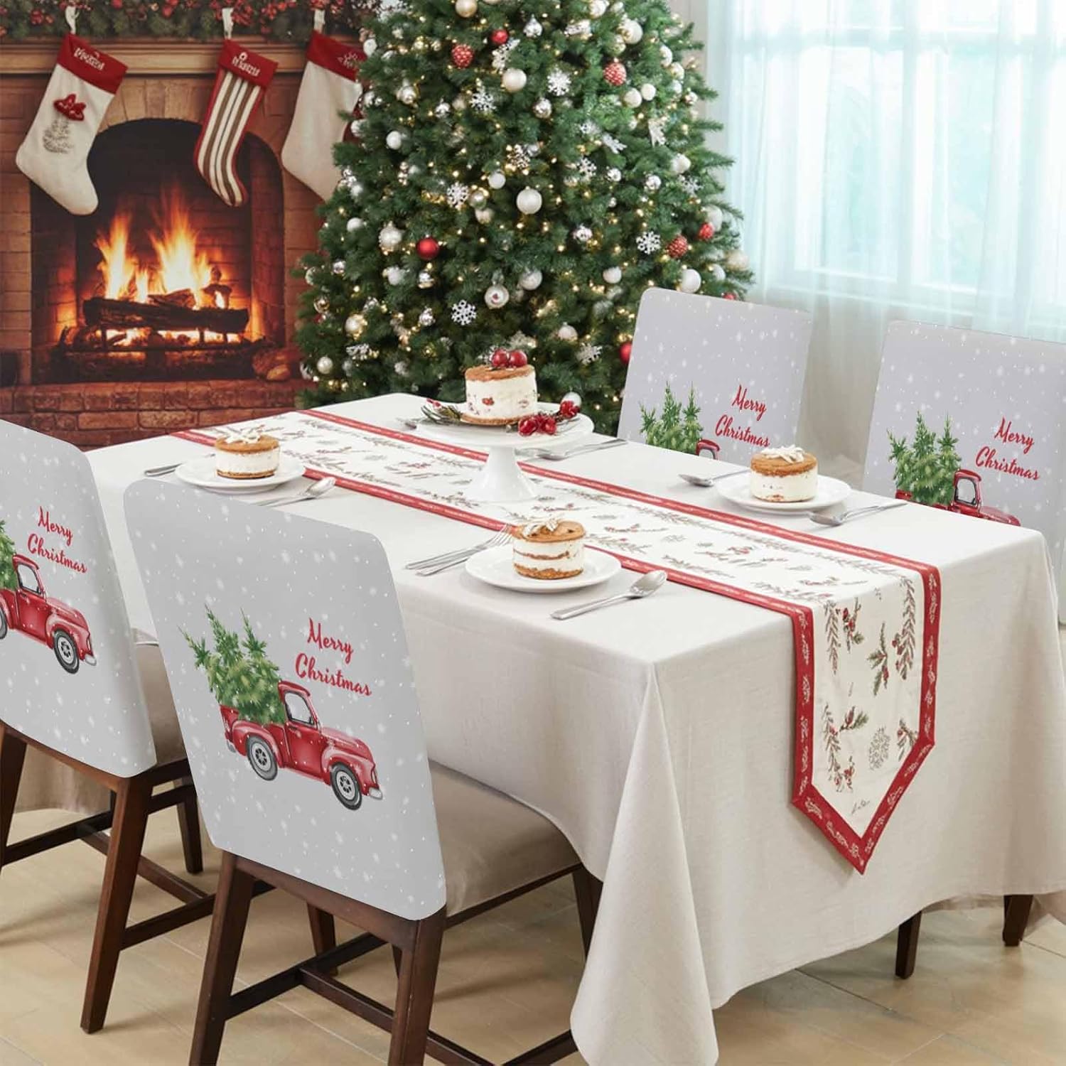 Chair Back Covers for Dining Room Christmas Red Truck with Pine Tree Chair Slipcovers Pack of 4,Removable Washable Chair Cover Protector for Banquet Events Party Decor Winter Snowflake on Gray