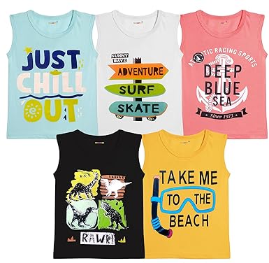 Kuchipoo Boys Regular Fit Sleeveless Cotton T-Shirt - Combo of 5 (KUC-TSHRT-154)