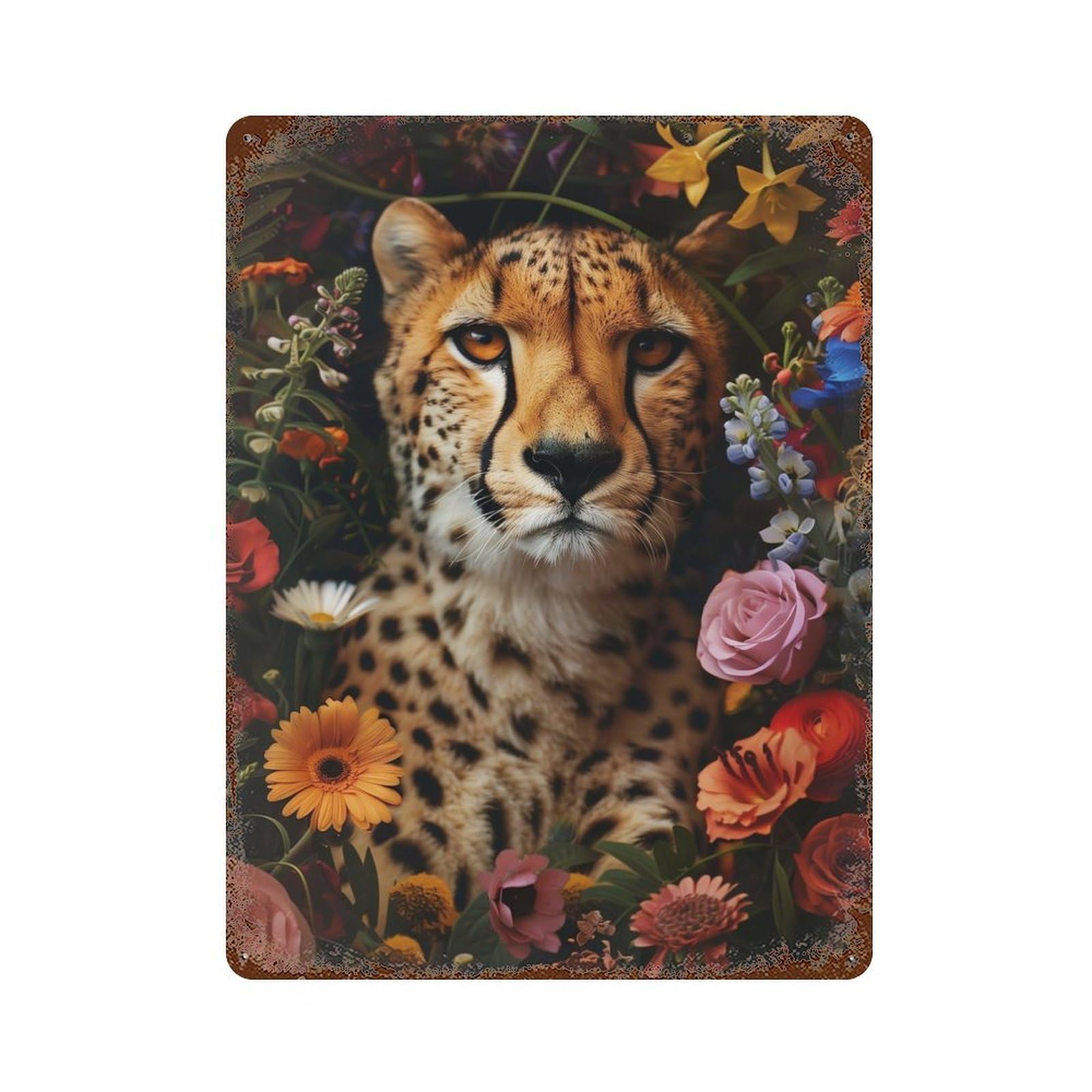 Cheetah Floral Flowers Art 15.7"x11.8" Rustic Tin Plaque, Novelty Wall Decor for Living Room, Hallway And Home Decor
