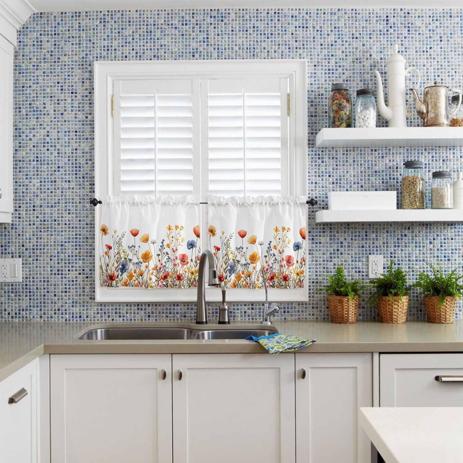 Wildflower Kitchen Curtain and Valance Set, Farmhouse Floral Leaves Summer Swag Valances for Windows, Semi-Sheer Rod Pocket Window Tier Curtains for Living Room Bathroom