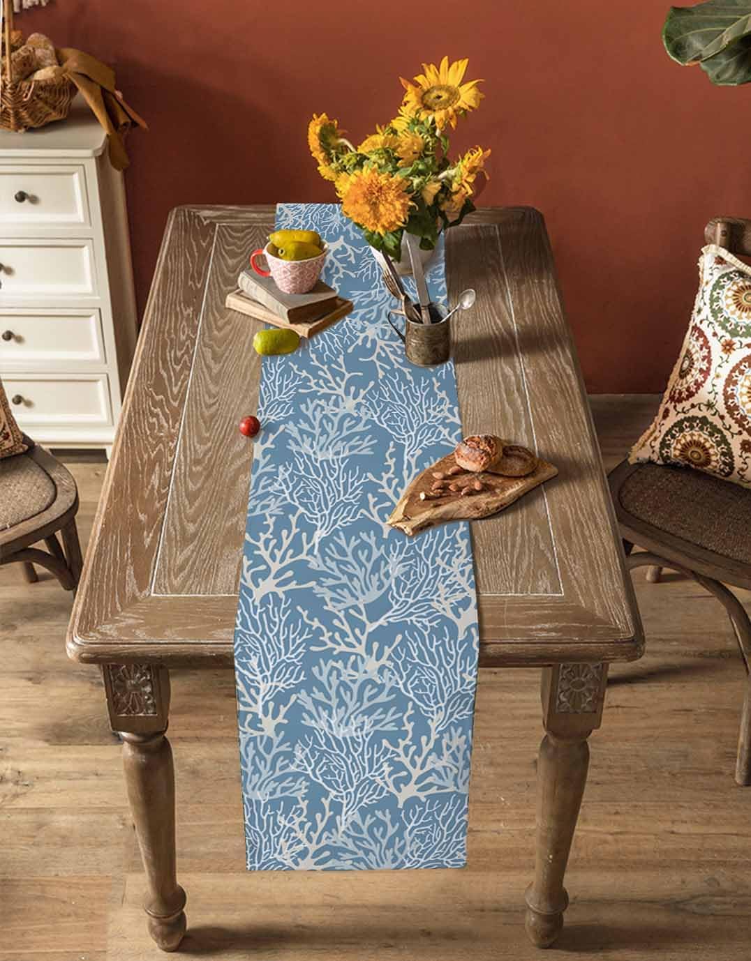 Blue Coral Coastal Table Runner - 120 Inch Long Ocean Nautical Seaside Beach Cotton and Linen Blended Dress Scarves Farmhouse Table Runner for Kitchen Dining, Coffee Table, 13" x 120"
