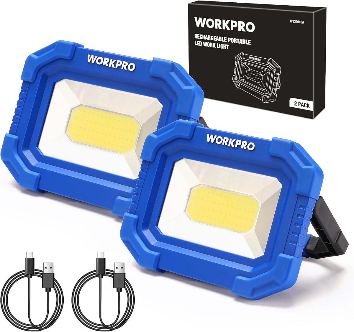 Luz de trabajo LED, luces de trabajo magnéticas recargables, 2000 lm, 4 modos | Luz de inundación portátil con soporte, para camping, pesca, reparación de automóviles, iluminación del lugar de trabajo, senderismo, paquete de 2