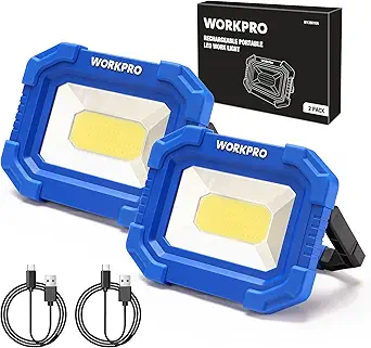WORKPRO LED Work Light, Rechargeable Magnetic Work Lights with Stand, Portable 2000LM COB Flood Light for Camping, Fishing, Car Repair, Job Site Lighting, Hiking, 4 Modes, 2 Pack