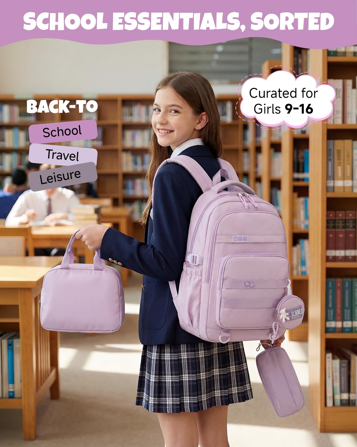 Amythe Zaino Ragazza per Scuola Elementare e Media - Set Zaino Scuola 3 Pezzi per Bambina con Borza Pranzo e Astuccio - Zaini da viaggio Leggero per Bambini 9-16 Anni -Viola