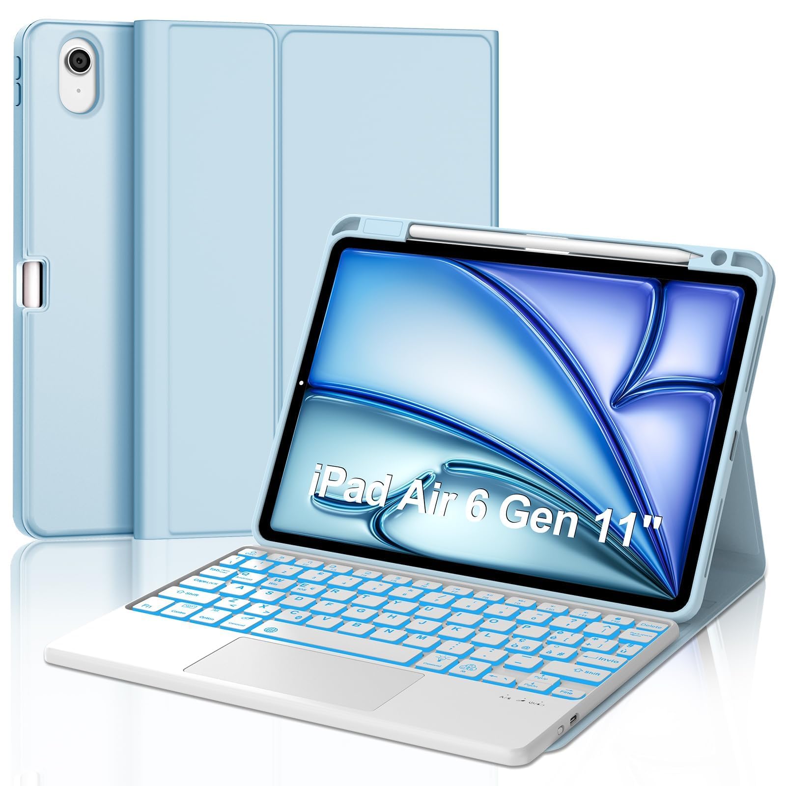 FOGARI Per iPad Air 11/ 5ª/4ª generazione e iPad Pro 11 Cover Tastiera | Tastiera Bluetooth Rimovibile con Retroilluminazione 7 colori e Touchpad per iPad Air 11 M4 2026/M3 2025/M2 2024, Azzurro