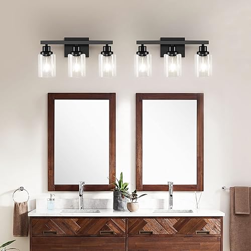 Miniatura 8 de Lámpara de baño de 3 luces, lámpara negra para tocador de baño con pantalla de vidrio transparente, luces modernas de pared de baño sobre espejo,