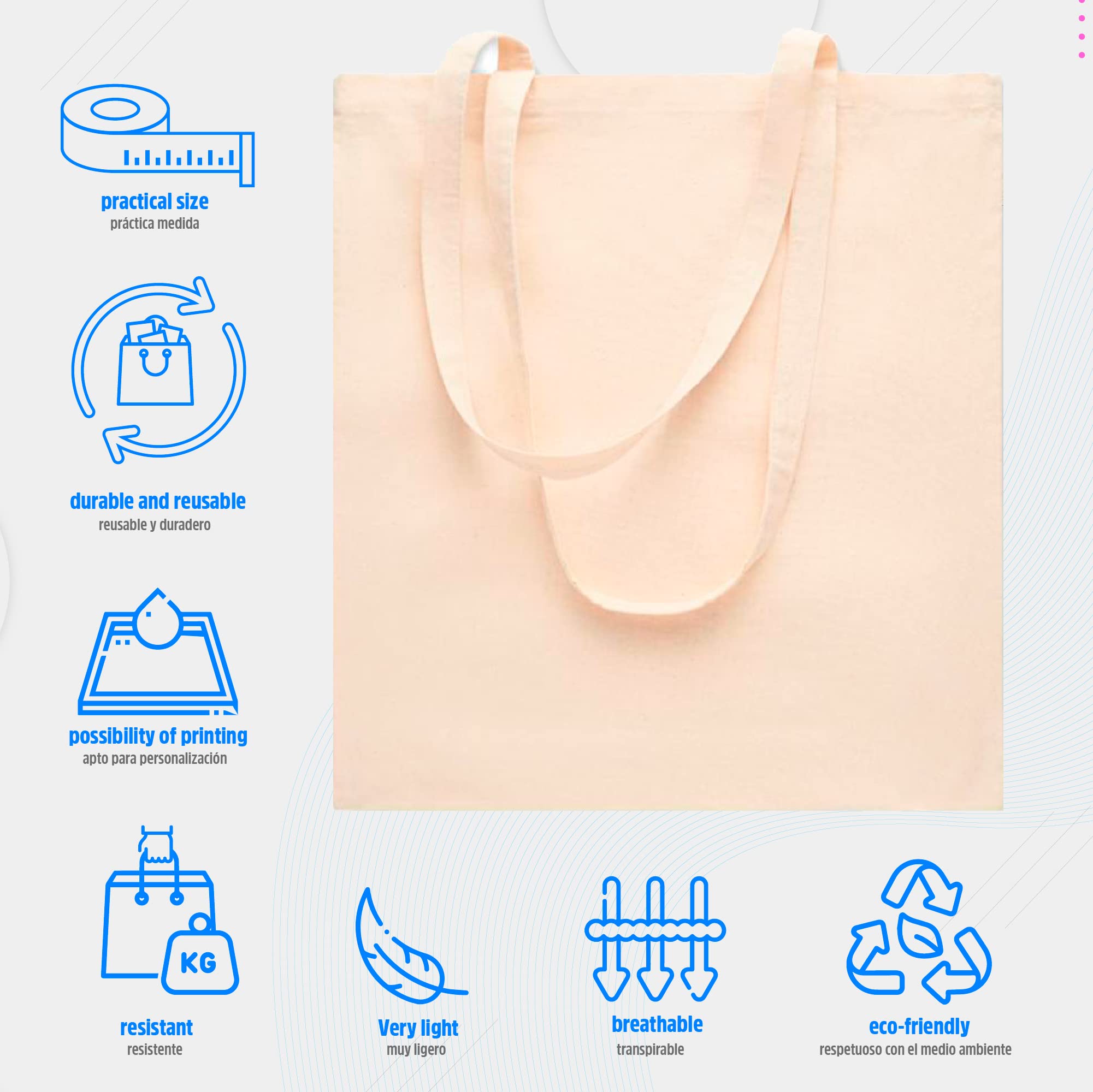 Tote Bag, Lot de sacs couleurs 100% coton, à longues anses, lavables et réutilisables. Sac en jute. Cabas en Tissu à Poignées Solides pour les Courses, longues poignées. Sac Shopper Sacs en coton
