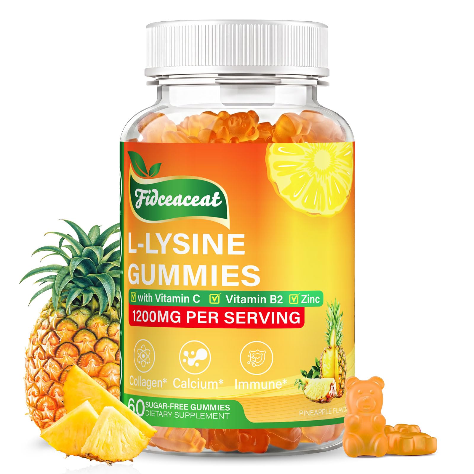 L-Lysine 1200 mg Gummies for Immune Support and Skin Health, Sugar-Free, Vegan Chewable Supplement with Natural Pineapple Flavor for Adults and Children, 60 Count
