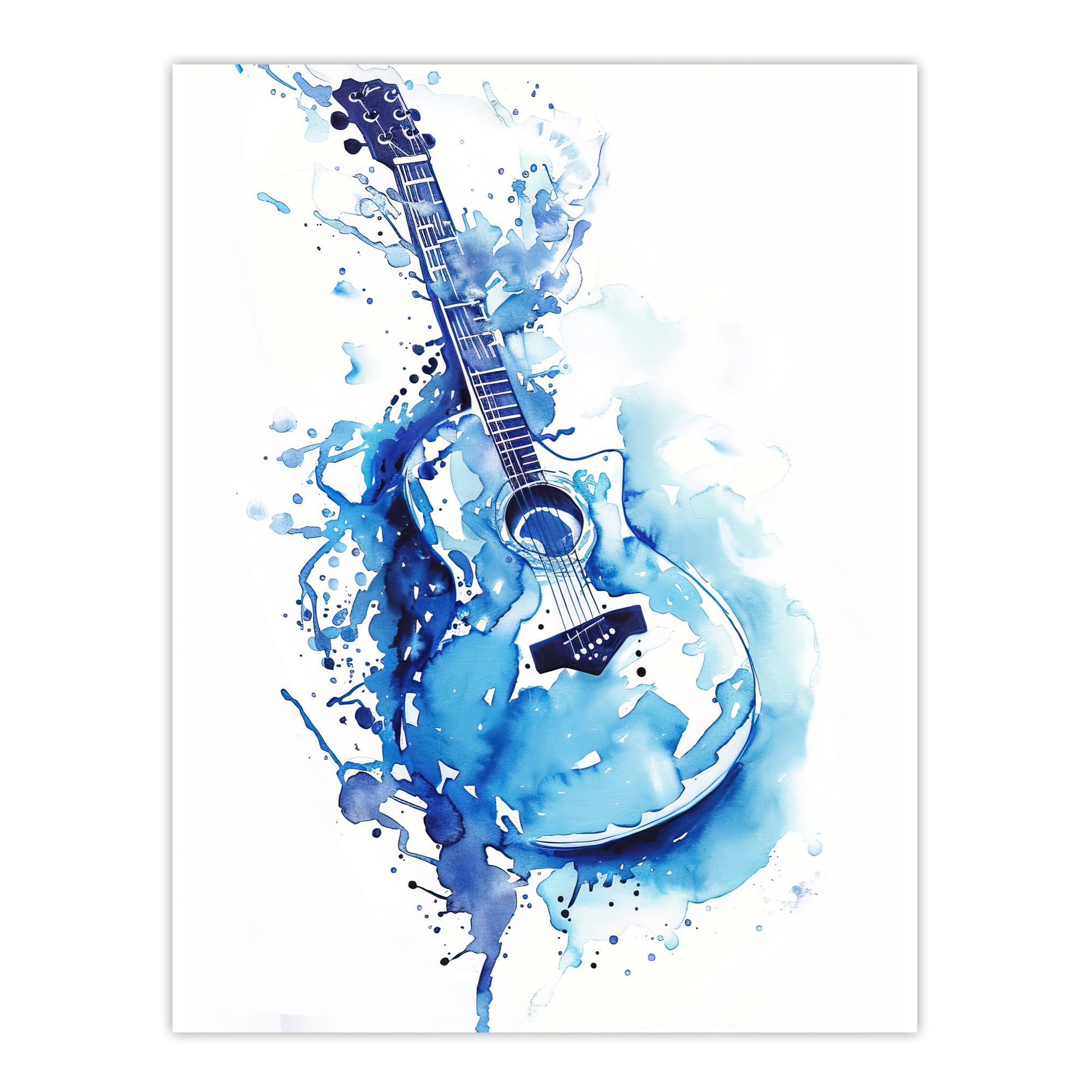 Artery8 Abstract Music Guitar Blue Watercolour Splat Living Room Extra Large XL Wall Art Poster Print
