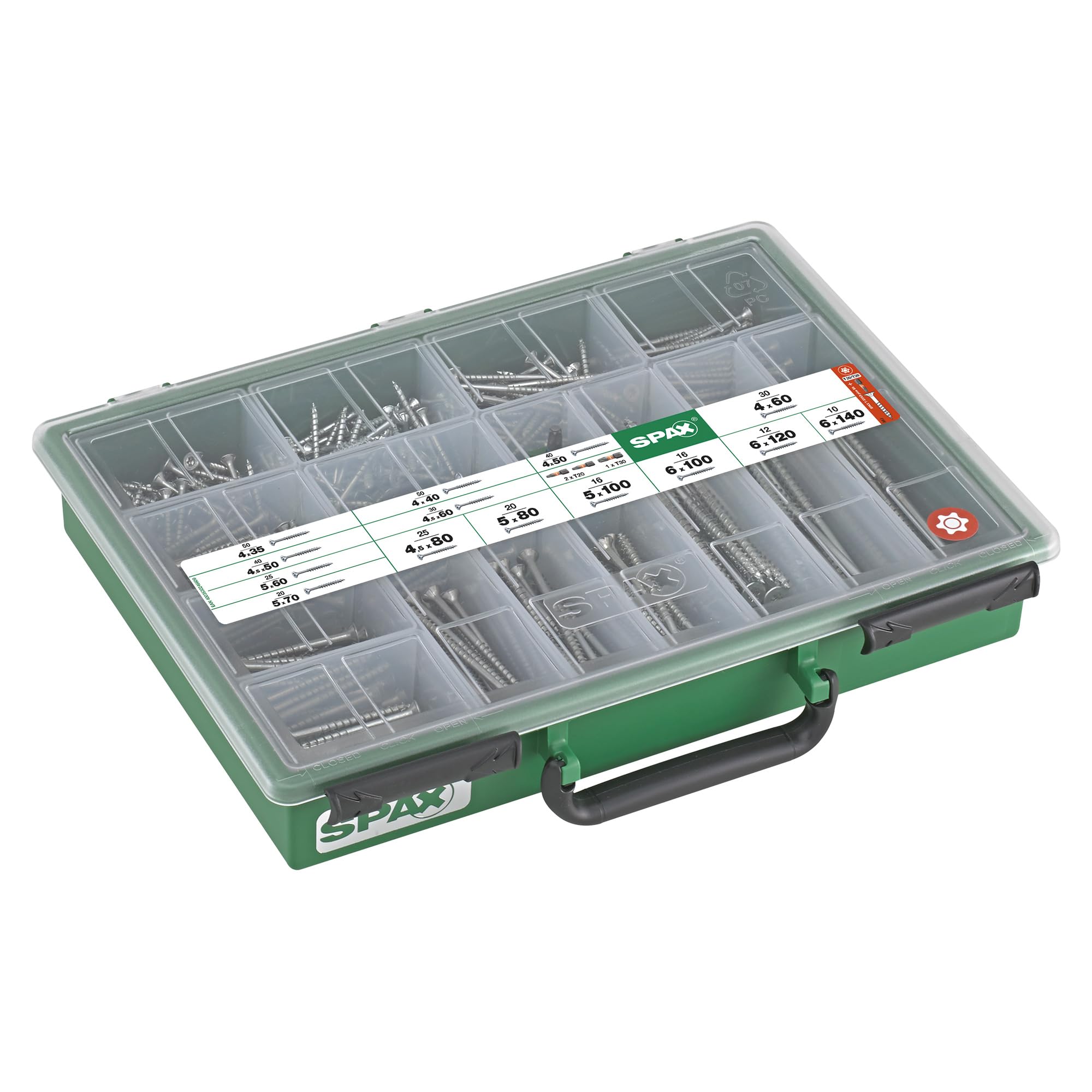 SPAXAssortment case, large, screw set with 14 dimensions, 387 pieces, countersunk head, T-Star plus, Wirox - 4000001991169