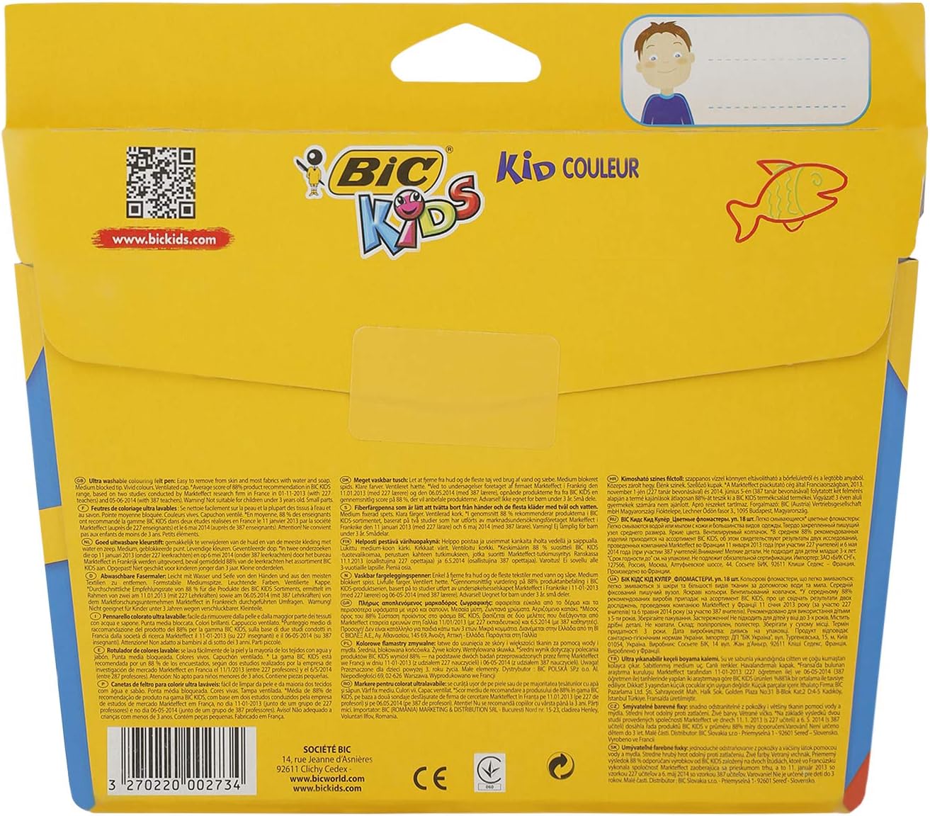 BIC Kids Kid Couleur Felt Tip Colouring Pens - Assorted Colours, Cardboard Wallet of 18