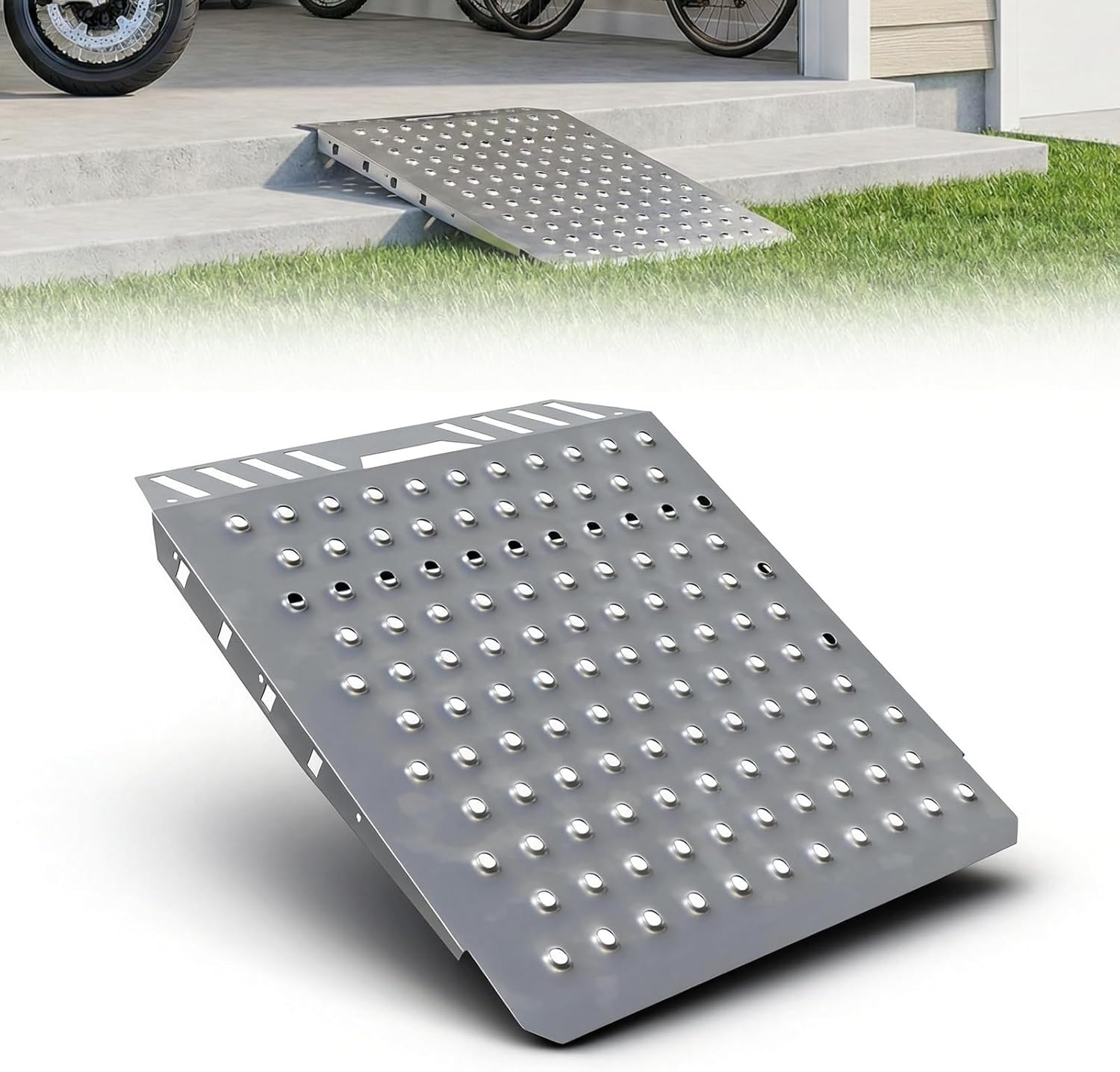 Shed Ramp 29" L x 24" W, Heavy-Duty Shed Ramp for Riding Mower,Garage, Doorway Lawn, Tractor, Wheelchairs, Golf Cart(Silver Spray Paint, 1pcs)