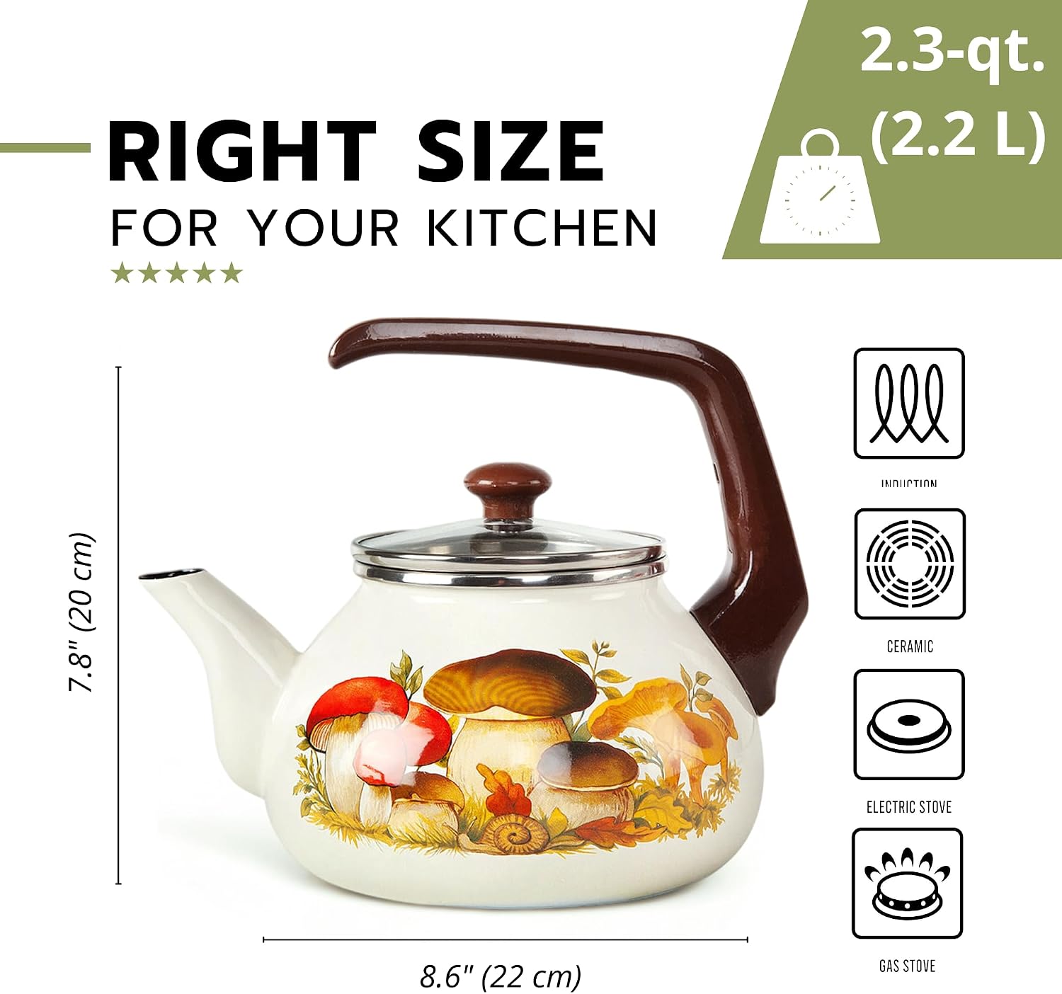 HOMEHUT Mushrooms Enamel Kettle 2.3-qt - Perfect for Gas, Electric Stovetops - Durable, PFOA/PTFE-Free, and Heat-Retaining Design - Stylish Kitchen Essential & Versatile Tea Kettle