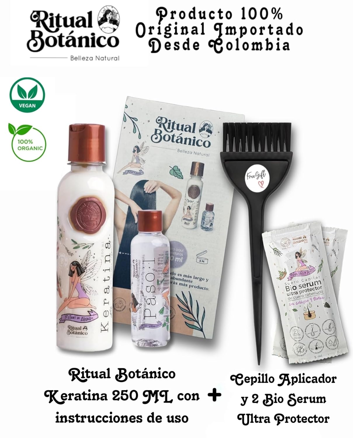 Origen Botanico Keratina Organica 250 ml | Incluye Cepillo Aplicador, Manual de Instrucciones y 2 Bio Serum Ultra Protector | Alisado Progresivo Organico Vegano con 12 Aceites Naturales