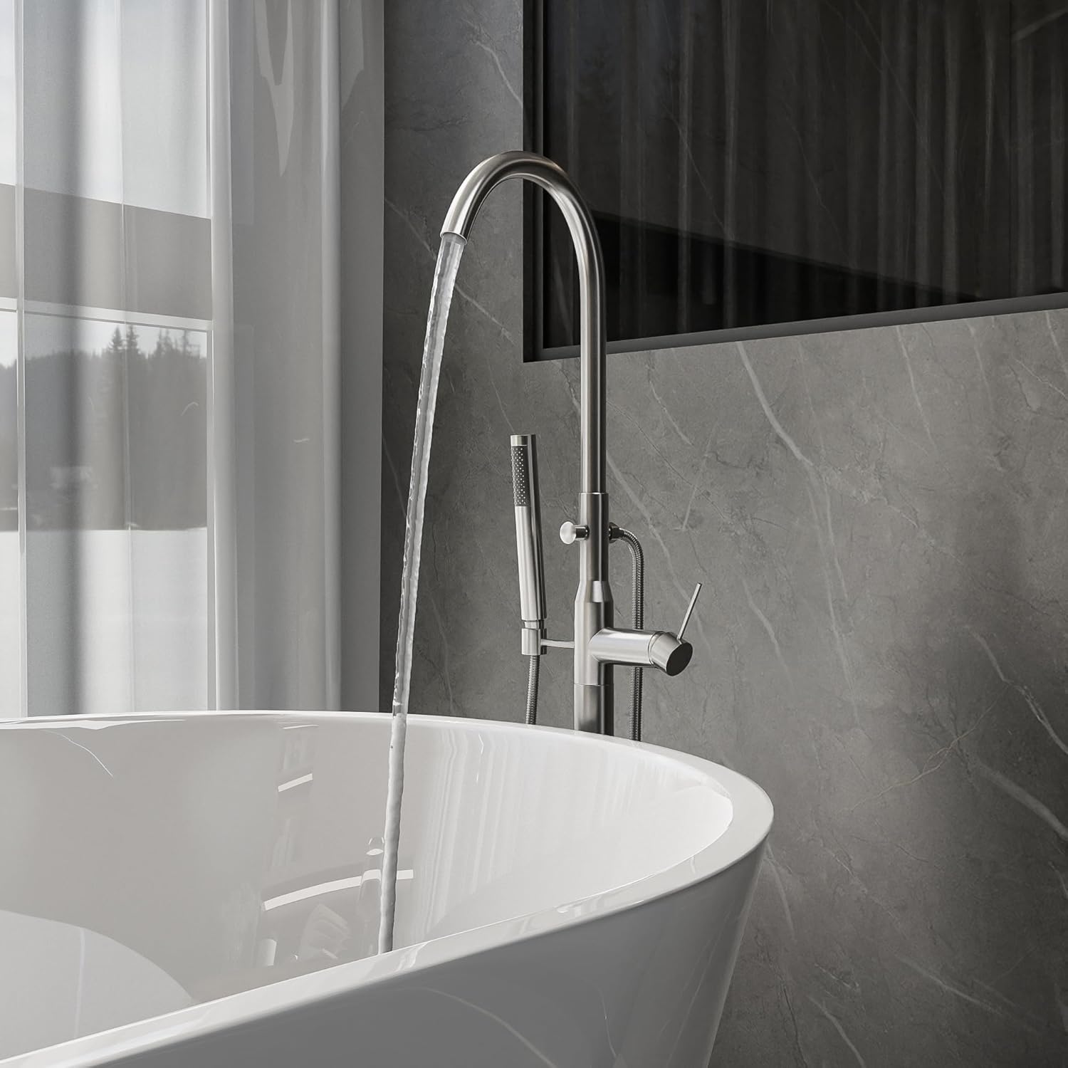 Freestanding Tub Filler Bathtub Faucet Waterfall Floor Mount Single Handle Brass Bathroom Faucets with Handheld Shower (Brushed Nickel)