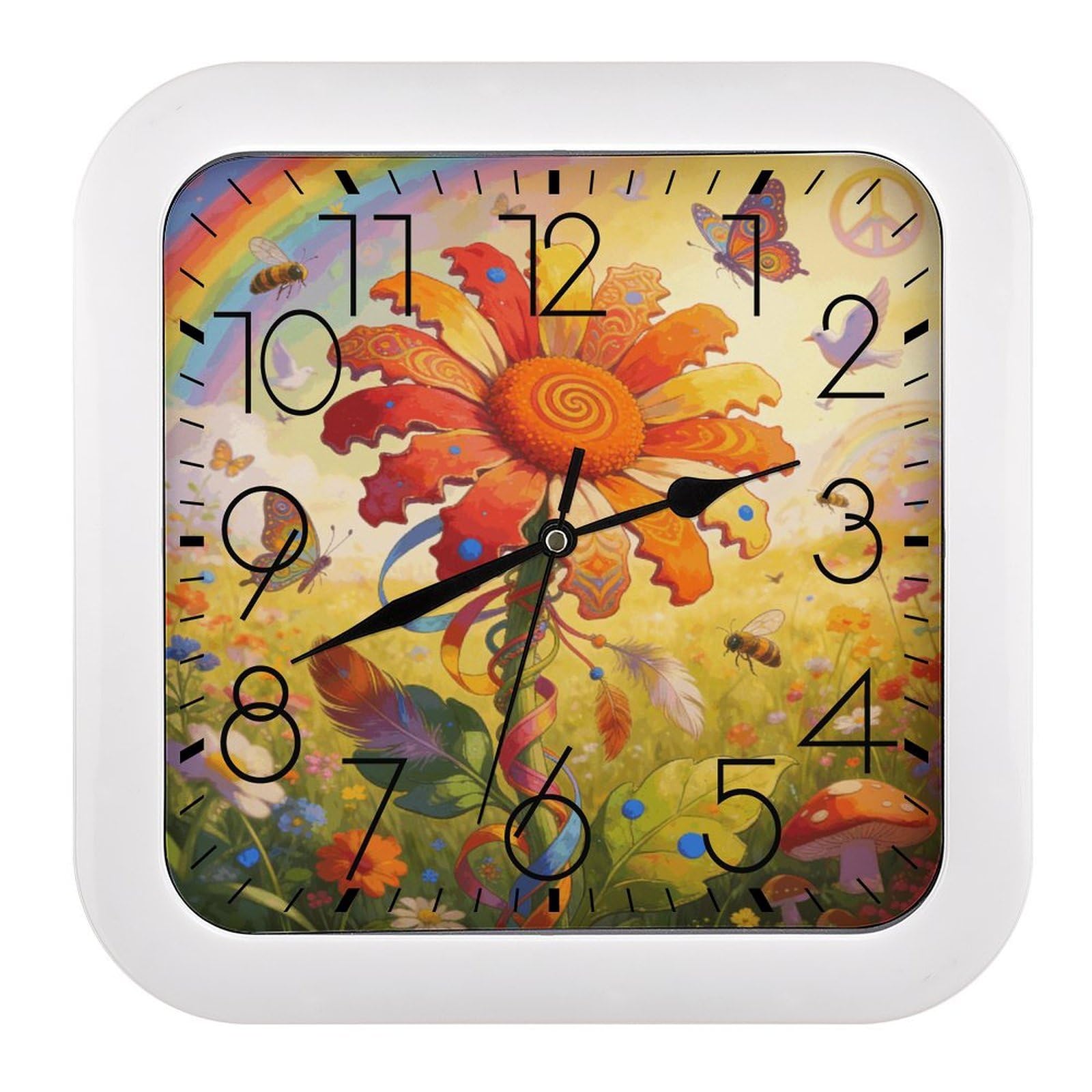 LZQPOEAS Hippie Daisy Square Wall Clock, 10.2 Inch Battery Operated Silent Non-Ticking Wall Clock, Square Analog Decorative Clock for Home Wall Art, Living Room, Bedroom, and Office