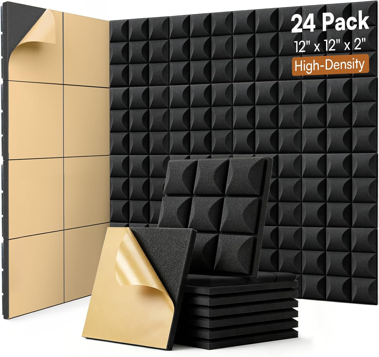 SODOCT 24 Pack Self-Adhesive Acoustic Foam Panels, 12 x 12 x 2 Inches Mushroom Shape, Sound Proofing Wall Panels, High Density Sound Absorbing Foam for Studio, Home Office, Recording (Black)