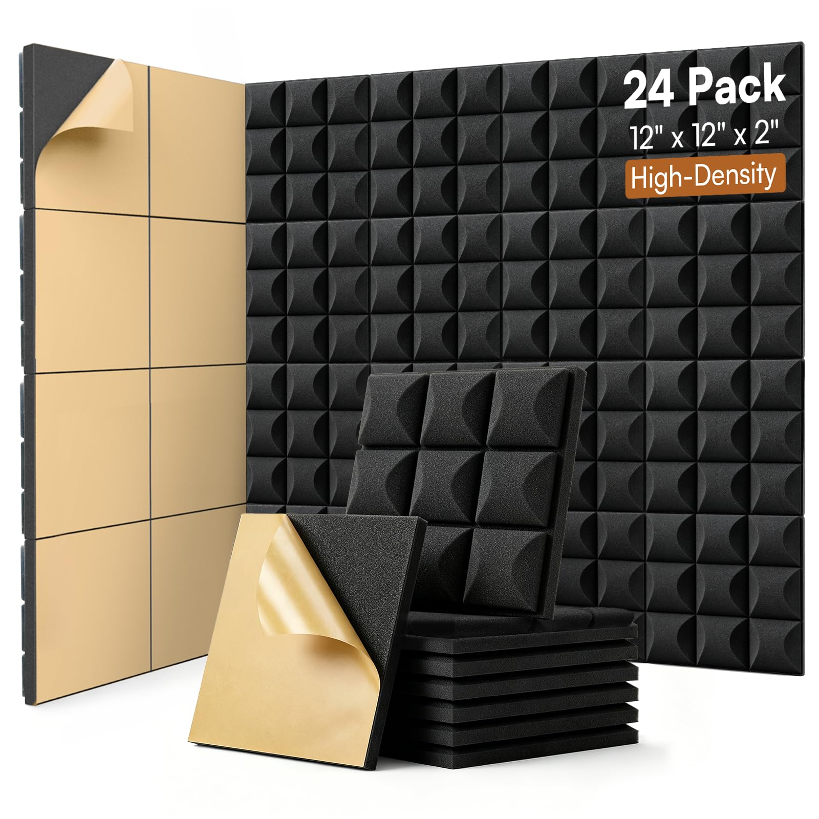 SODOCT 24 Pack Self-Adhesive Acoustic Foam Panels, 12 x 12 x 2 Inches Mushroom Shape, Sound Proofing Wall Panels, High Density Sound Absorbing Foam for Studio, Home Office, Recording (Black)