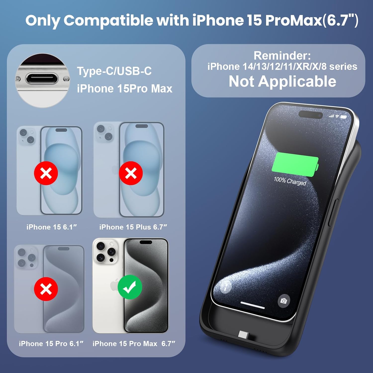 Battery Case for iPhone 15Pro Max, Upgrade 8600mah Portable Slim Battery Charging Case, 15W Fast Charging Rechargeable Protective Extended Charger Cover for iPhone 15 Pro Max (6.7 inch)-Black