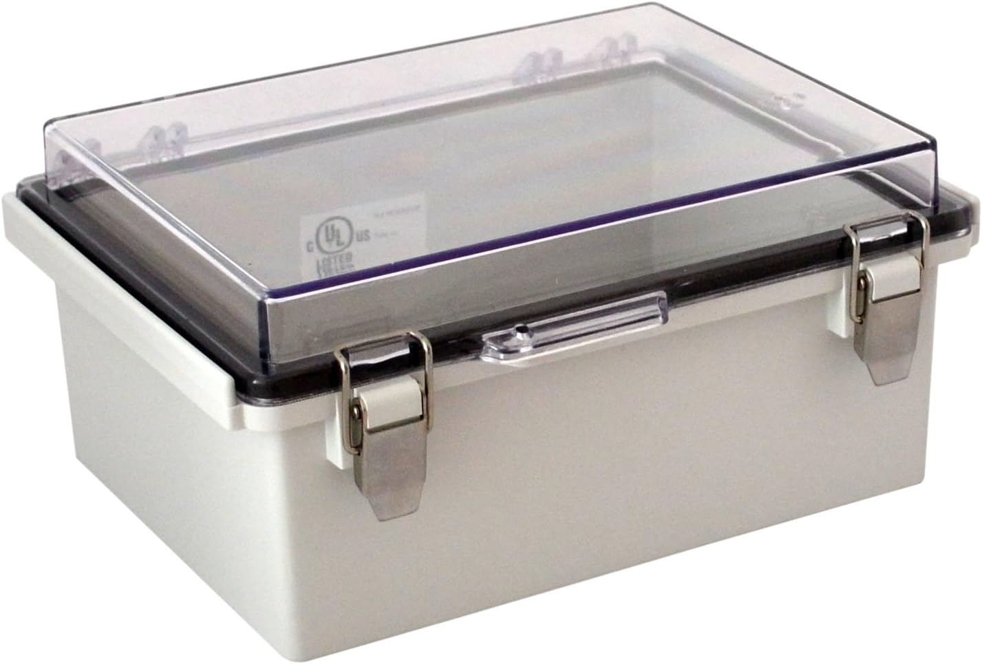 Bud Industries PTQ-11048-C Pc Hinged Enclosure โ Electrical Enclosure with 10 Percent Fiberglass, Grey Clear Cover Ip67 for Electrical Applications. Metal Enclosures