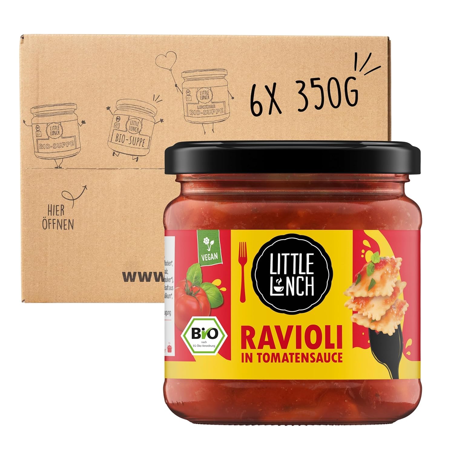 Little Lunch Bio Ravioli in Tomatensauce | Vegan | 6 x 350g | Nudeln mit Gemüsefüllung | vegan | ideal für Camping | ohne Zuckerzusatz | 6er Vorteilspack
