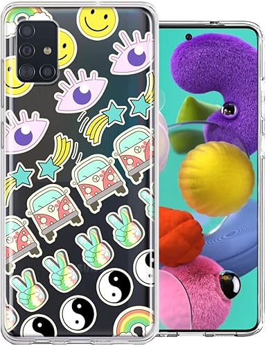 Mundaze - Para Samsung Galaxy A51 70's Yin Yang Hippie Happy Peace Stars Design Case Slim Hybrid a prueba de golpes Hard Shell Soft TPU Heavy Duty