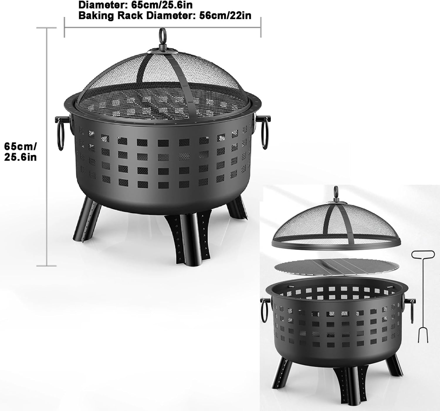 Portable Fire Pit, Cooking Grate & Spark Screen Cover & Fire Poker, Heavy Duty Brazier Wood Burning BBQ Grill Firepit Bowl for Backyard Bonfire Patio