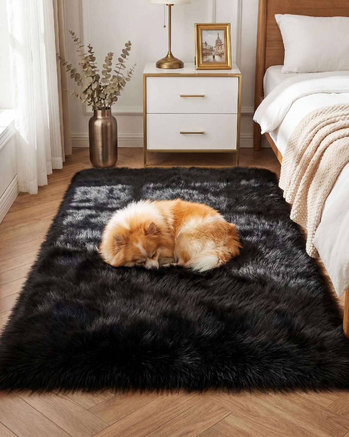 Gofodsil Plush Faux Sheepskin Shaggy Rug – Ultra Soft Fluffy Carpet, Machine Washable & Non-Slip, for Living Room Bedroom Playroom Yoga Dormitory, Black, 90x150 cm — image 1