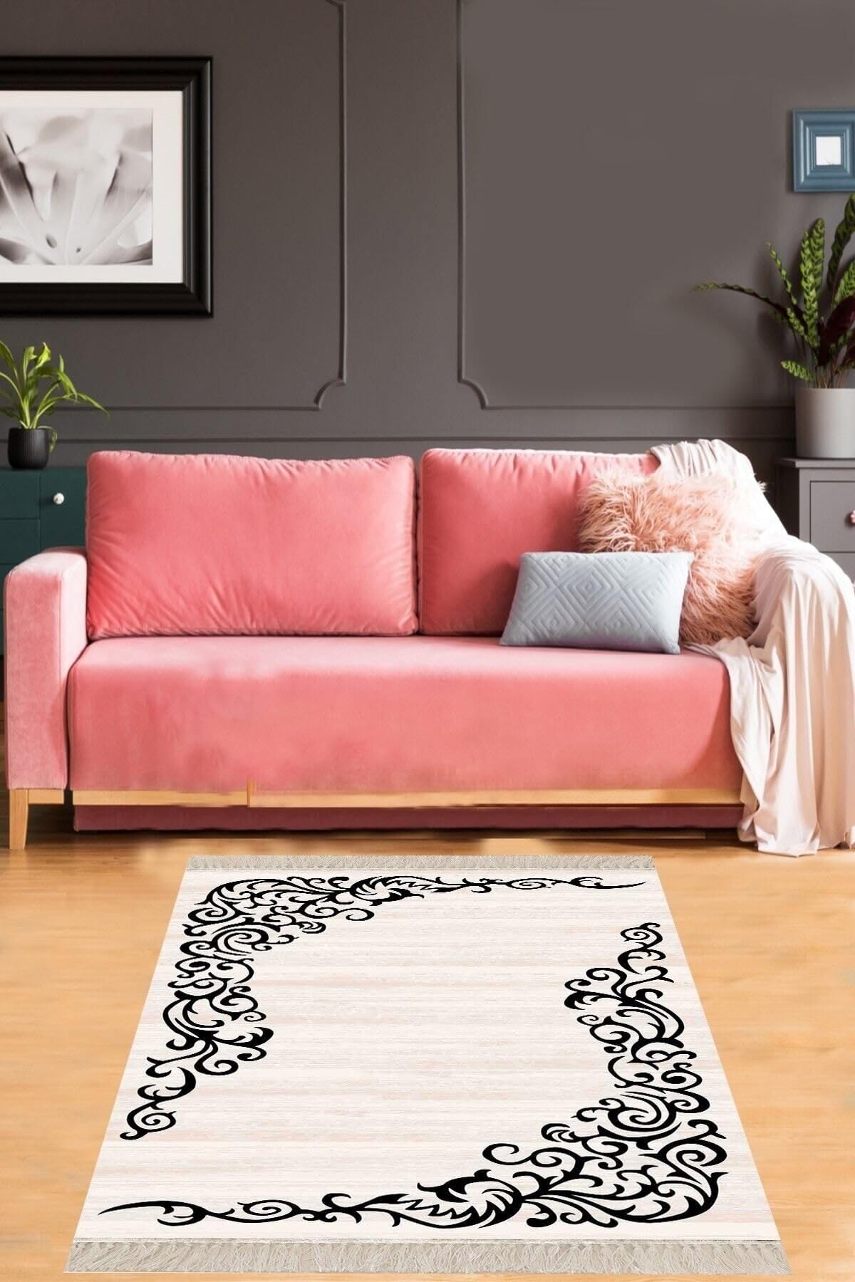Pelangi Osmanlı Motifler Desenli Dijital Baskı Yıkanabilir Kaymaz Taban Salon Halı Ve Yolluk, Krem-Siyah 160 x 230