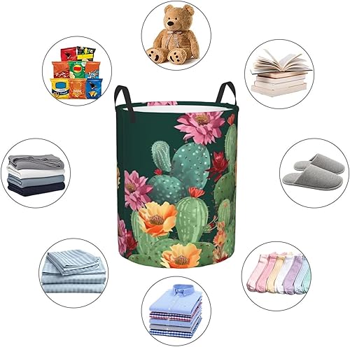 Miniatura 6 de Cesta circular con estampado floral de cactus, impermeable, cesta organizadora de lavandería, con asas, para ropa, juguetes, tamaño mediano