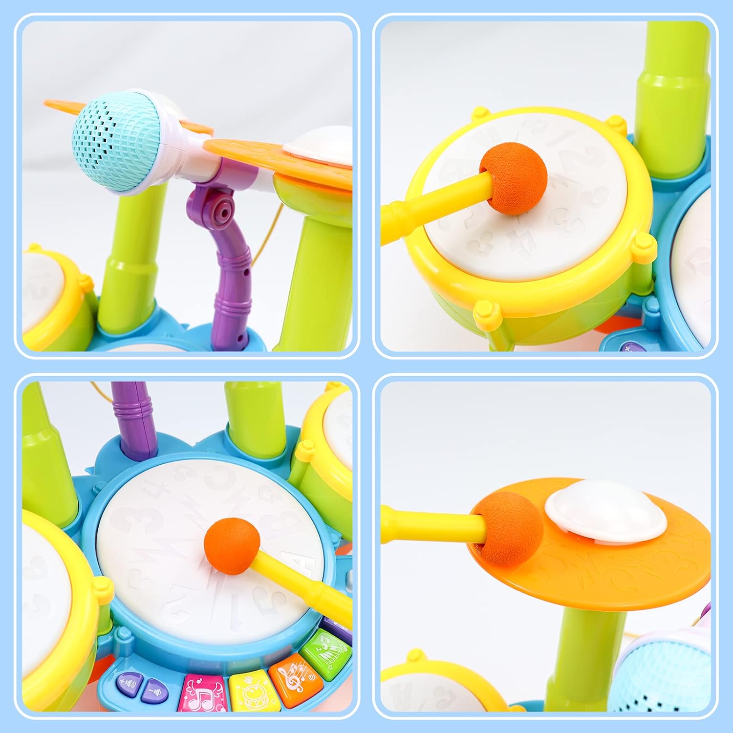 TONZE Drum Set Baby Musical Toys,Musical Instruments Toddler Toys for 1-3 Year Old,Baby Piano Kids Drum Sets with 2 Drum Sticks Microphone Light Educational Toys for 1 2 3 4 5 Year Old Boy Girl Gift : Toys & Games