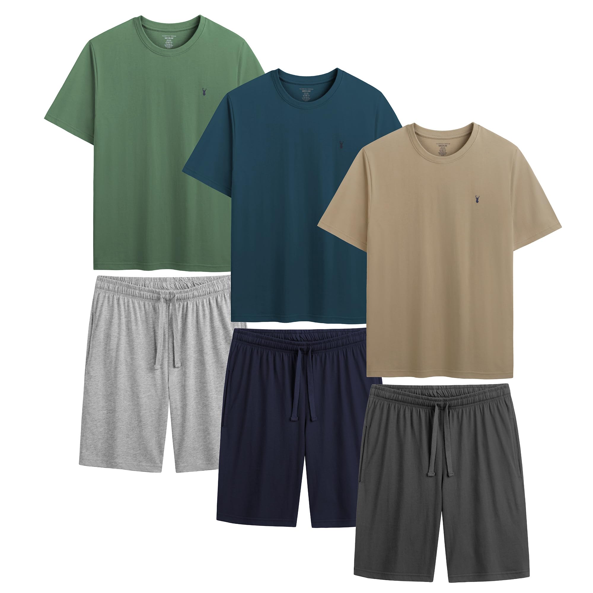 The Essentials Wardrobe 3PK Mens Shorty Pyjamas - Khaki/Blue - Small