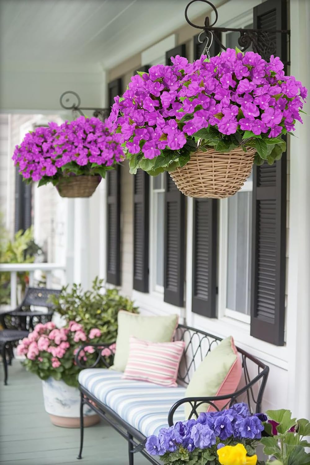 DILATATA 5 Pcs Artificial Impatiens Flowers for Outdoors Faux Impatiens Bushes Purple Silk Flowers Greenery Artificial Impatiens Bouquet for Patio Lawn Garden Pot Hanging Basket Porch Decoration