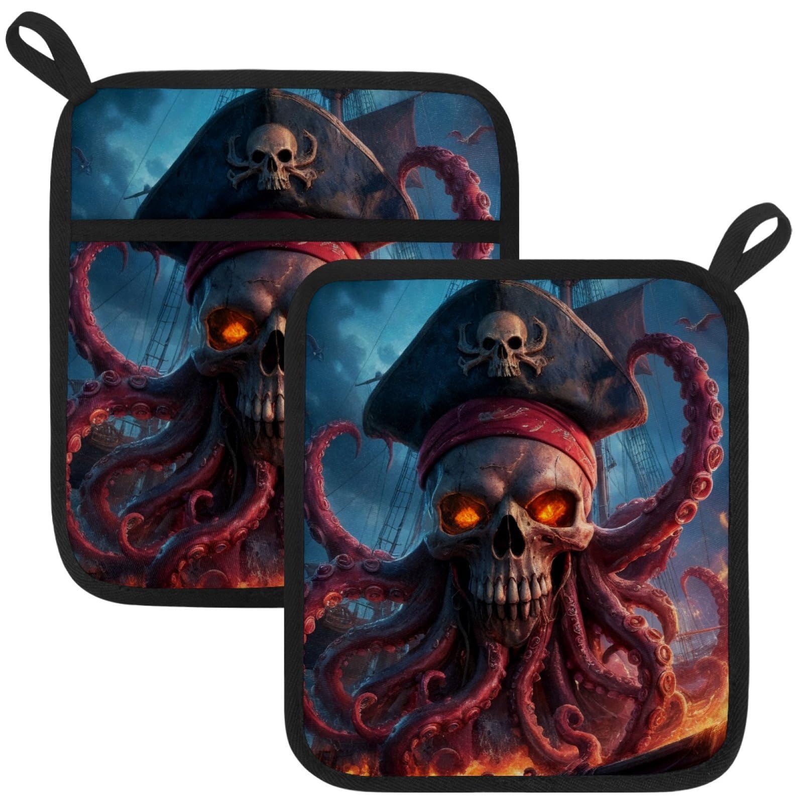 VAPOKF Pirate Octopus Pot Holders with Pocket for Kitchen Heat Resistant Potholders Large Polyester-Cotton Square Oven Mitts Set