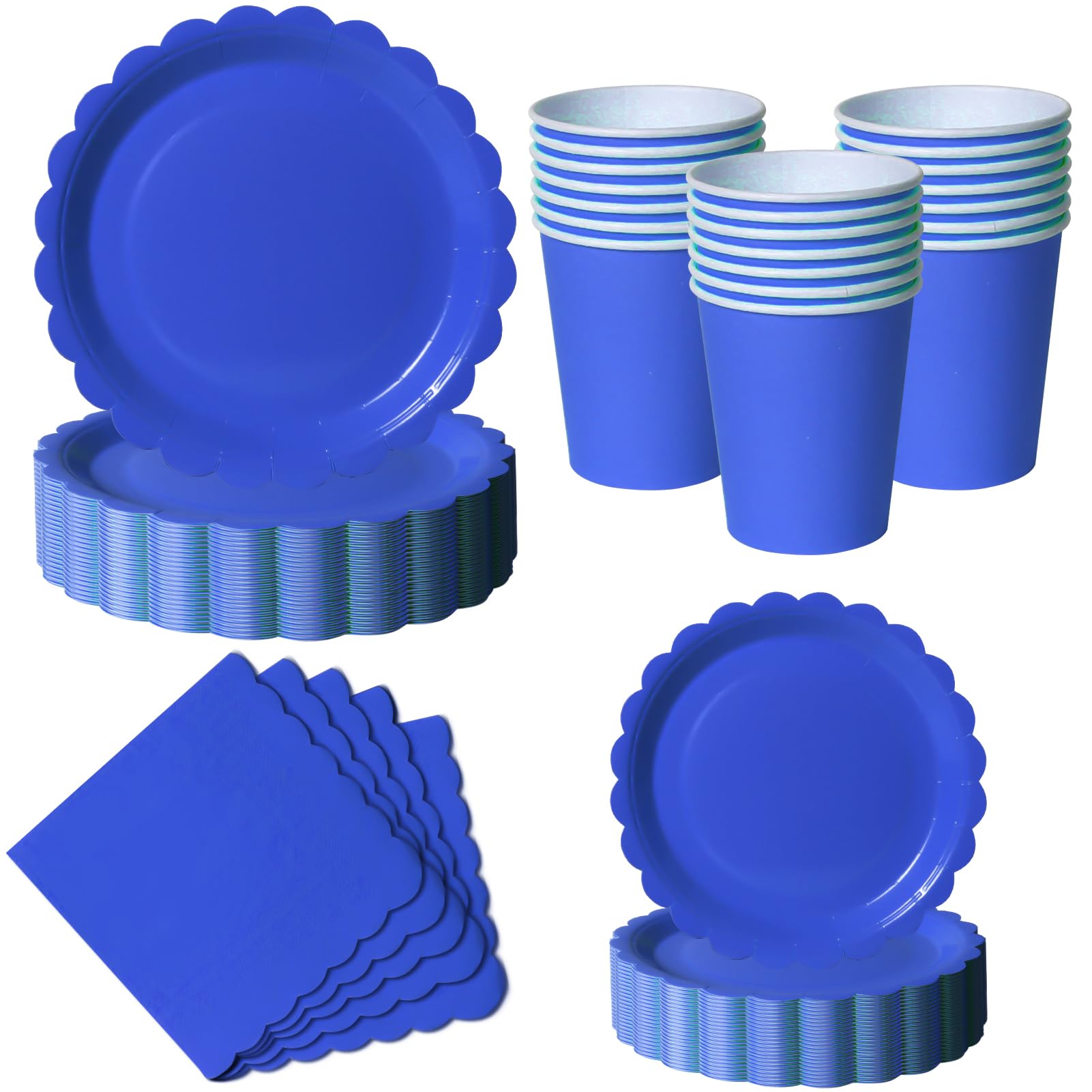 Nkaiso Paper Plates and Napkins, 50 Piece Royal Blue Scalloped Party Tableware Set - 10x 9 & 10x 7 Inch Disposable Paper Plates, 10x Cups, 20x Napkins for Birthday BBQ Anniversary -10 Guests