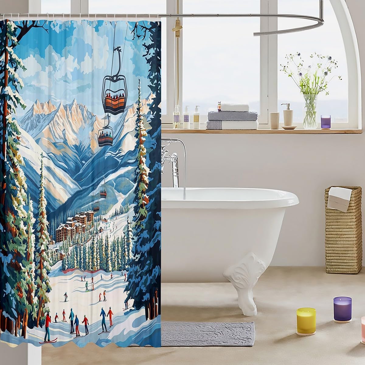 Skiing Sports Shower Curtain 72" W x 78" L Watercolor Green Trees Blue Mountain Bathroom Curtain for Kids Teens Adults Cable Car Winter Natural Scenery Bath Curtain for Bathtub with 12 Hooks