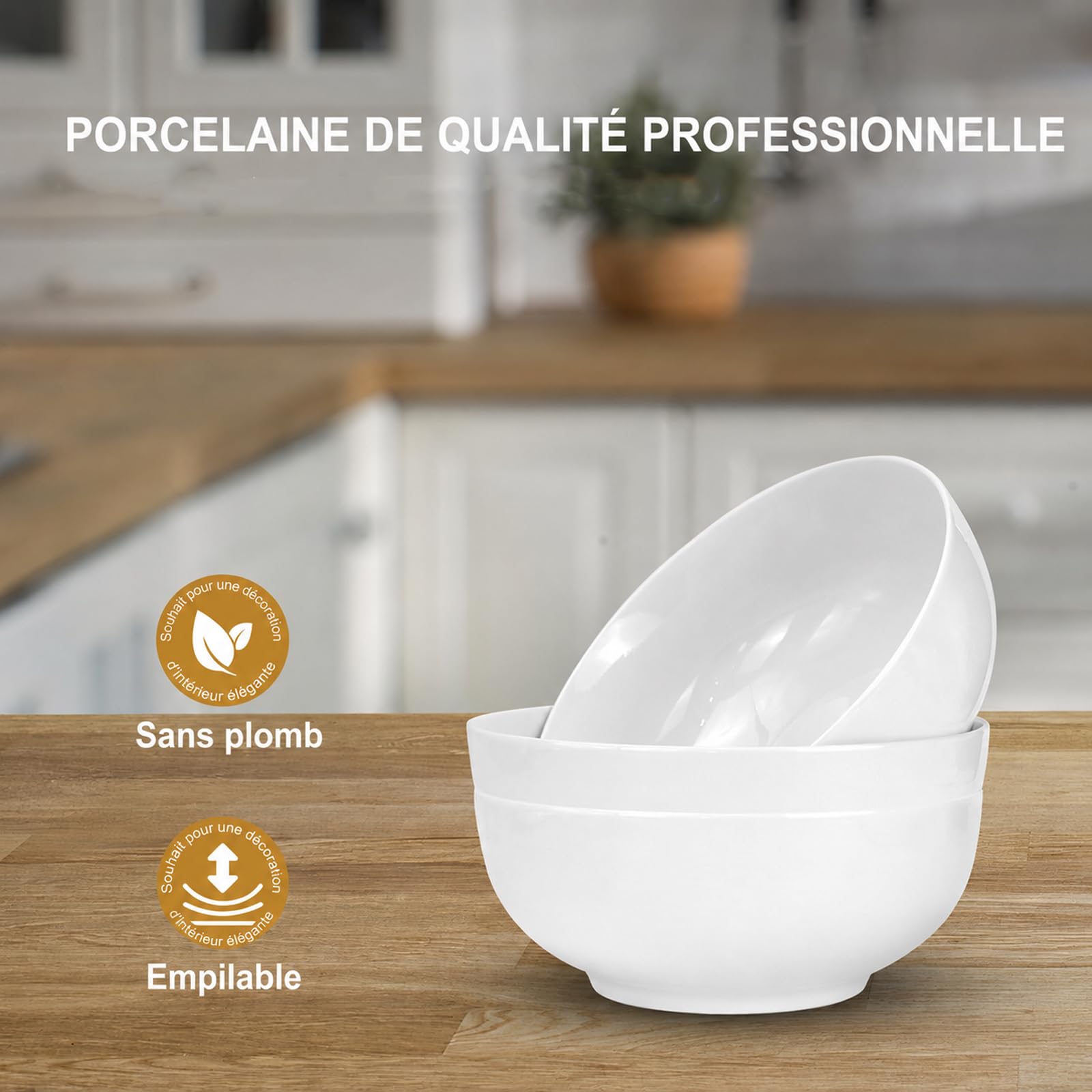 Lot de 3 Saladiers en Porcelaine Blanche 1600 ml, Ø 20 cm